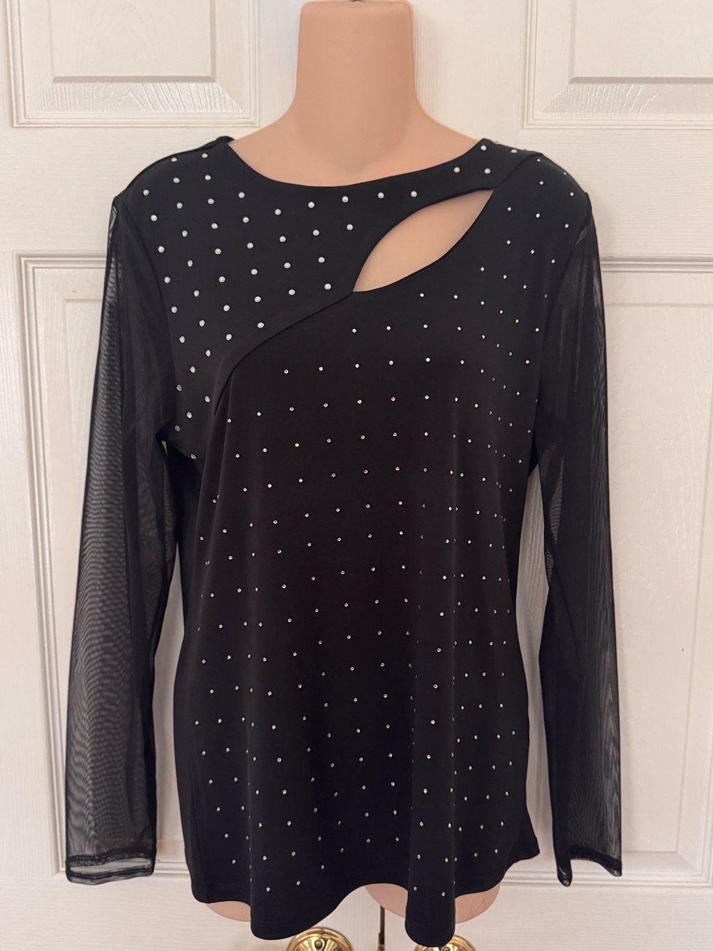 INC Black Rhinestone Cutout Mesh Sleeve Top L